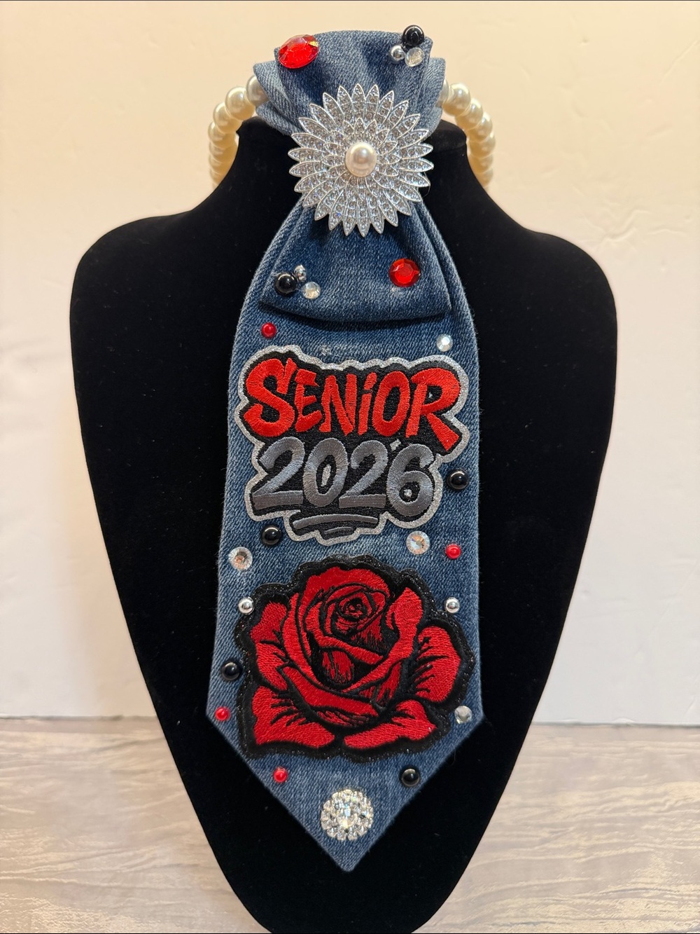 Handcrafted Denim 'Senior 2026' Tie Necklace with Red Rose Embroidery